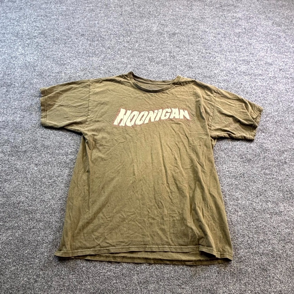 Hoonigan T-Shirt Men's L Green Cotton Spell-Out Logo Graphic Crew Neck Summer